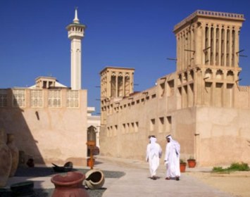 This photo of the Bastakia Quarter in Bur Dubai (the historic section of Dubai), United Arab Emirates, was taken by an unknown photographer.